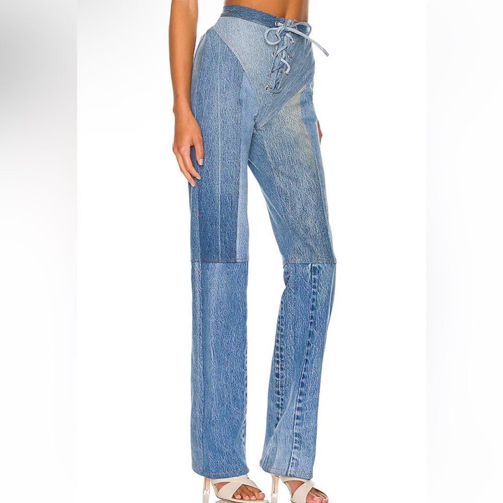 EB Denim Lace up jeans blue patchwork straight leg flares Revolve Sz 2 / S $385 - Picture 2 of 15